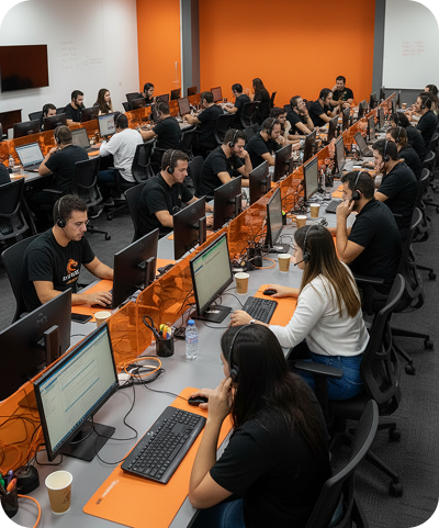 Foto profissional de uma pessoa sorrindo com headset, em ambiente de escritório moderno com múltiplos monitores e interface de CRM visível